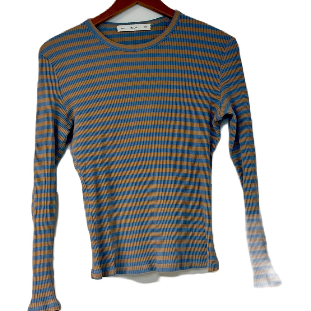 Acne Blue and Tan Striped Long Sleeve Tee